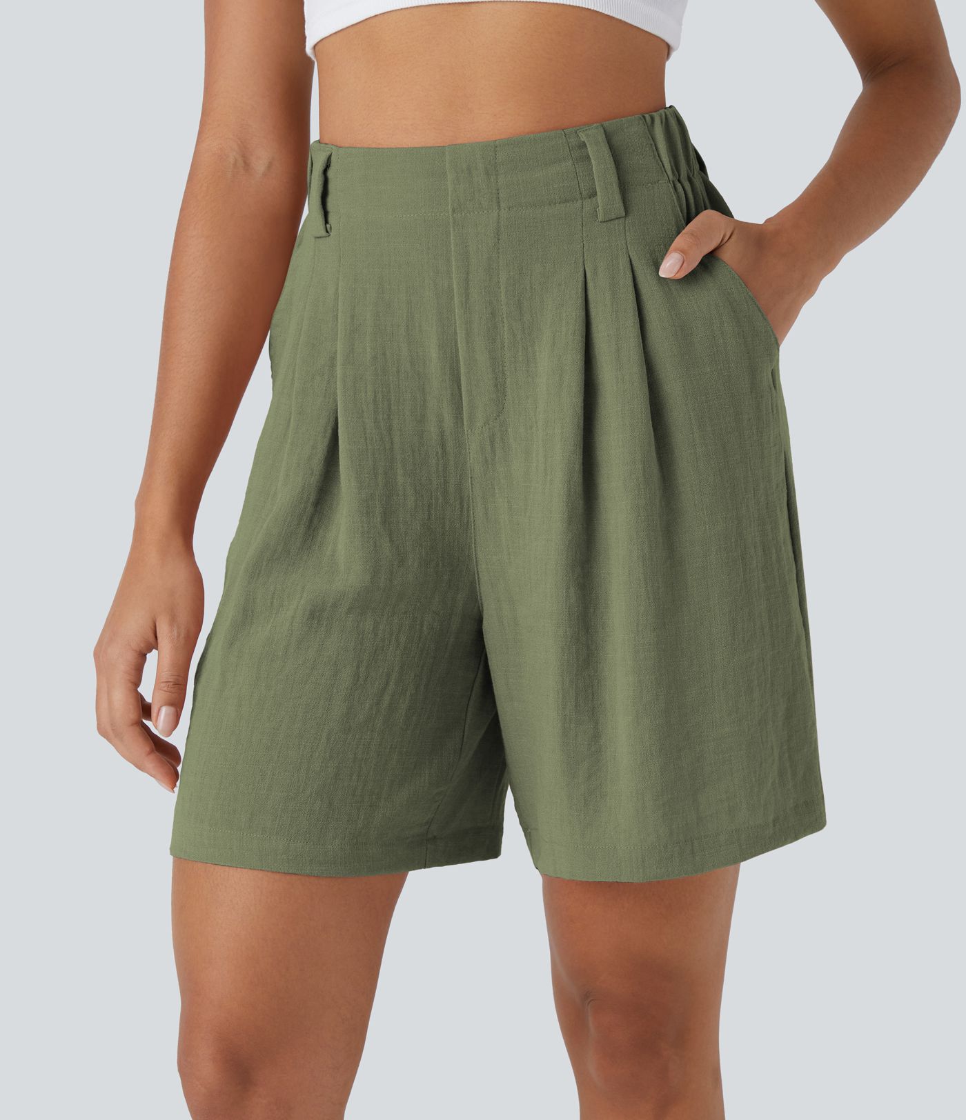 High Waisted Pocket Wide Leg Casual Linen-Feel Bermuda Shorts