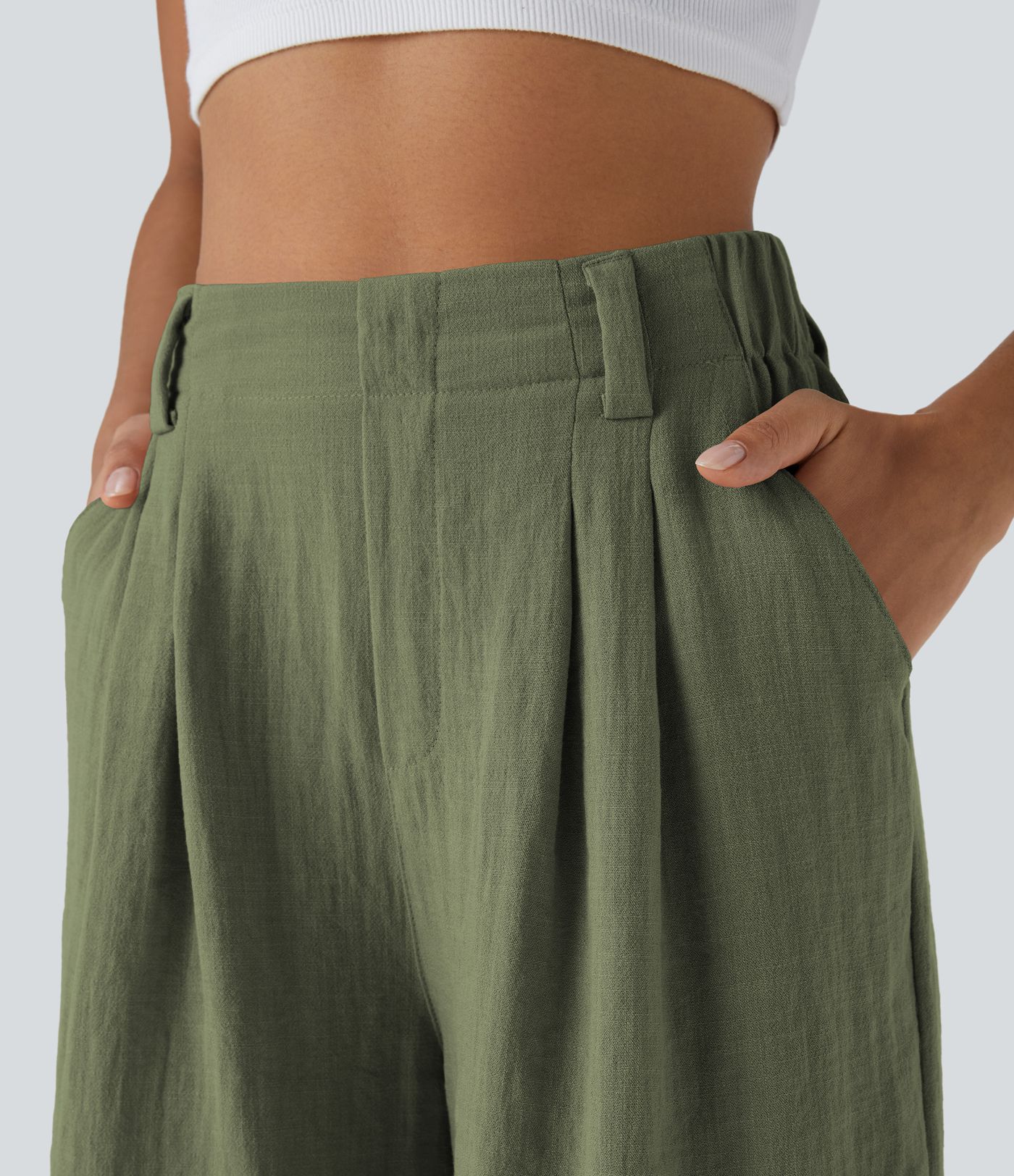 High Waisted Pocket Wide Leg Casual Linen-Feel Bermuda Shorts