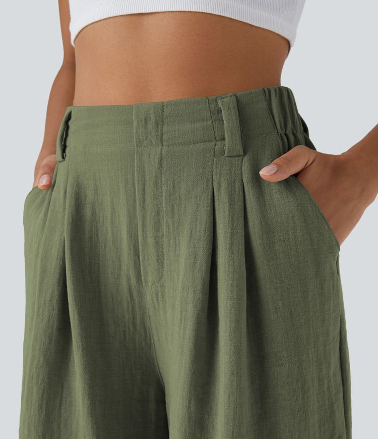 High Waisted Pocket Wide Leg Casual Linen-Feel Bermuda Shorts