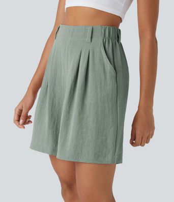 High Waisted Pocket Wide Leg Casual Linen-Feel Bermuda Shorts