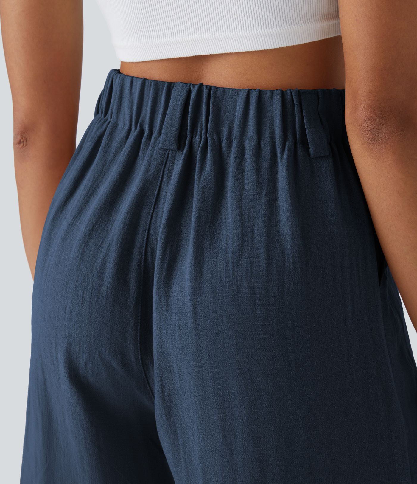 High Waisted Pocket Wide Leg Casual Linen-Feel Bermuda Shorts