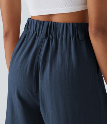 High Waisted Pocket Wide Leg Casual Linen-Feel Bermuda Shorts