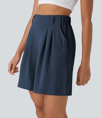High Waisted Pocket Wide Leg Casual Linen-Feel Bermuda Shorts