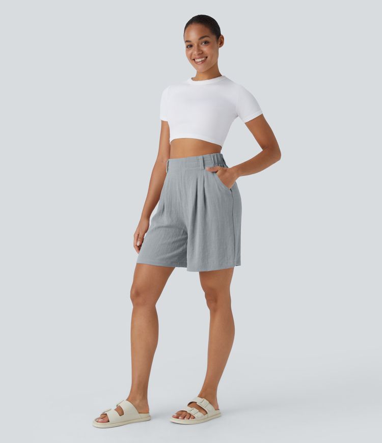 High Waisted Pocket Wide Leg Casual Linen-Feel Bermuda Shorts