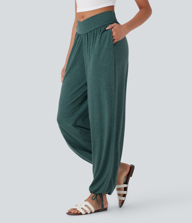 Crossover High Waisted Pocket Drawstring Casual Joggers