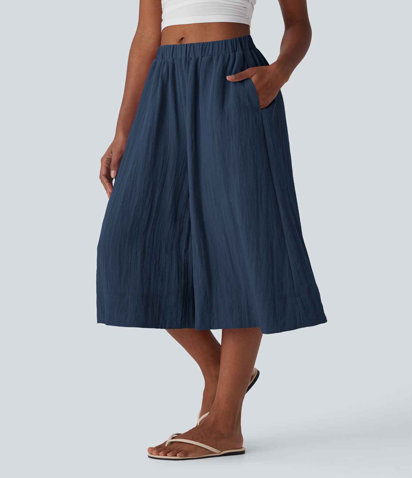 Mid Rise Women Wide Leg Baggy Flowy Linen-Feel Pants with Pocket