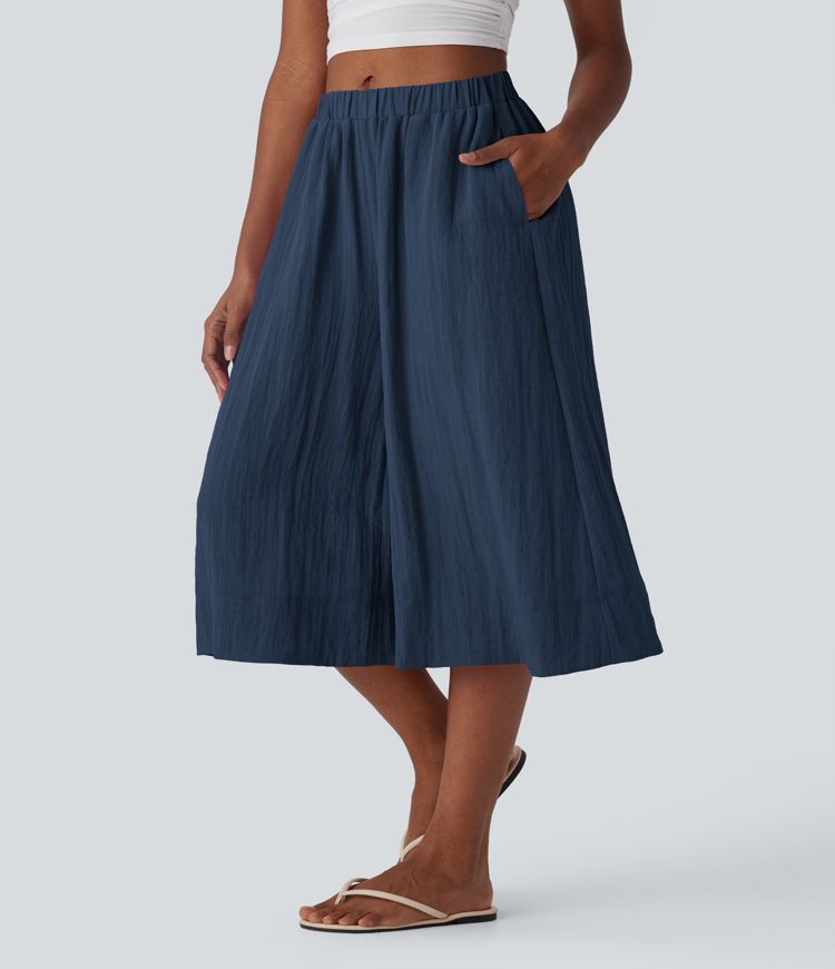 Mid Rise Women Wide Leg Baggy Flowy Linen-Feel Pants with Pocket