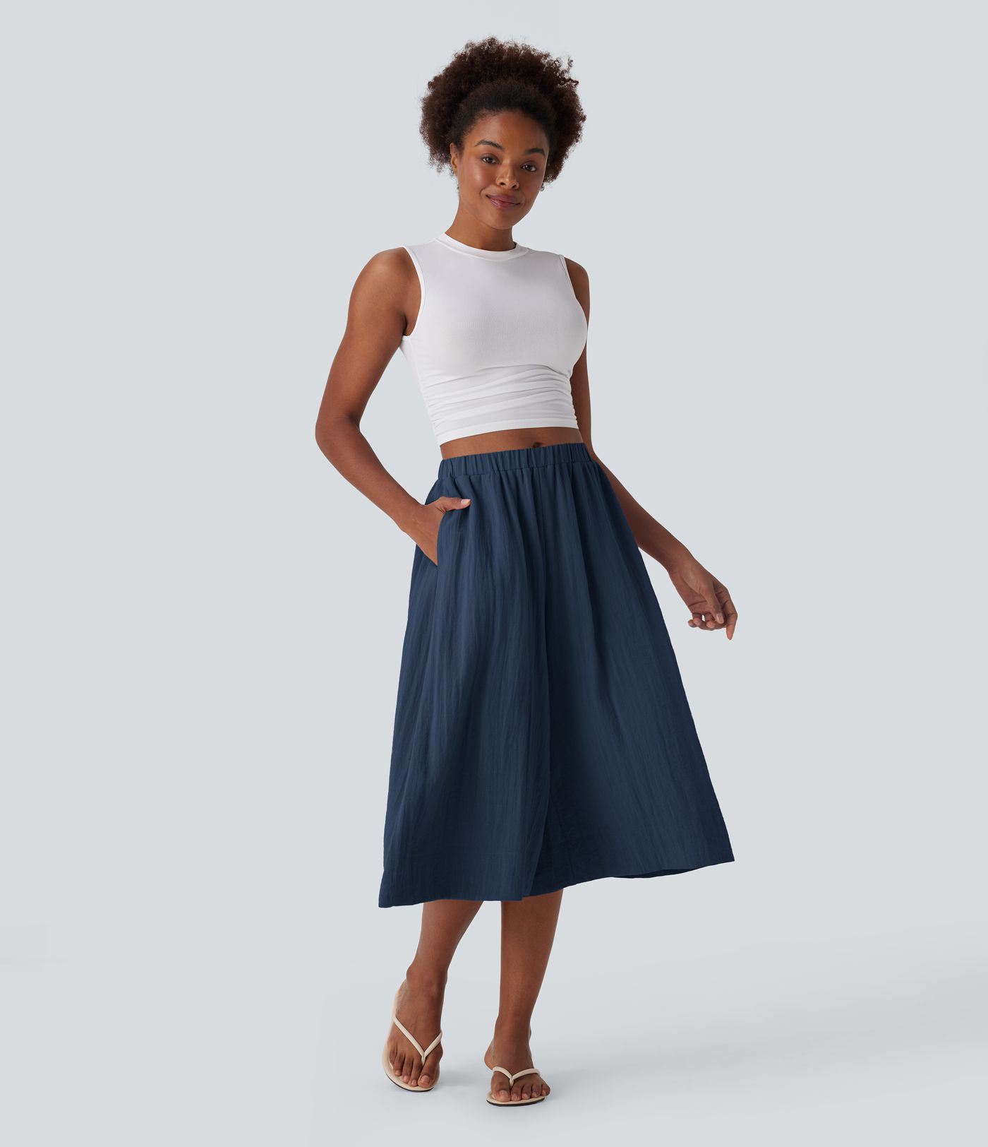 Mid Rise Women Wide Leg Baggy Flowy Linen-Feel Pants with Pocket