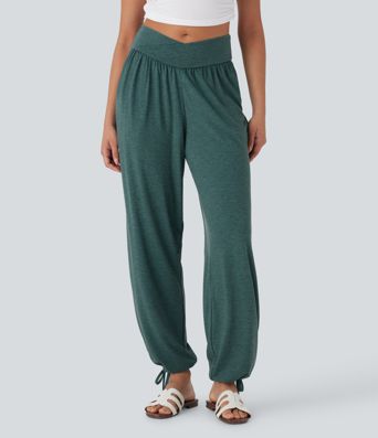 Crossover High Waisted Pocket Drawstring Casual Joggers