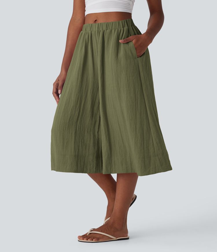 Mid Rise Wide Leg Flowy Linen-Feel Pants with Pocket