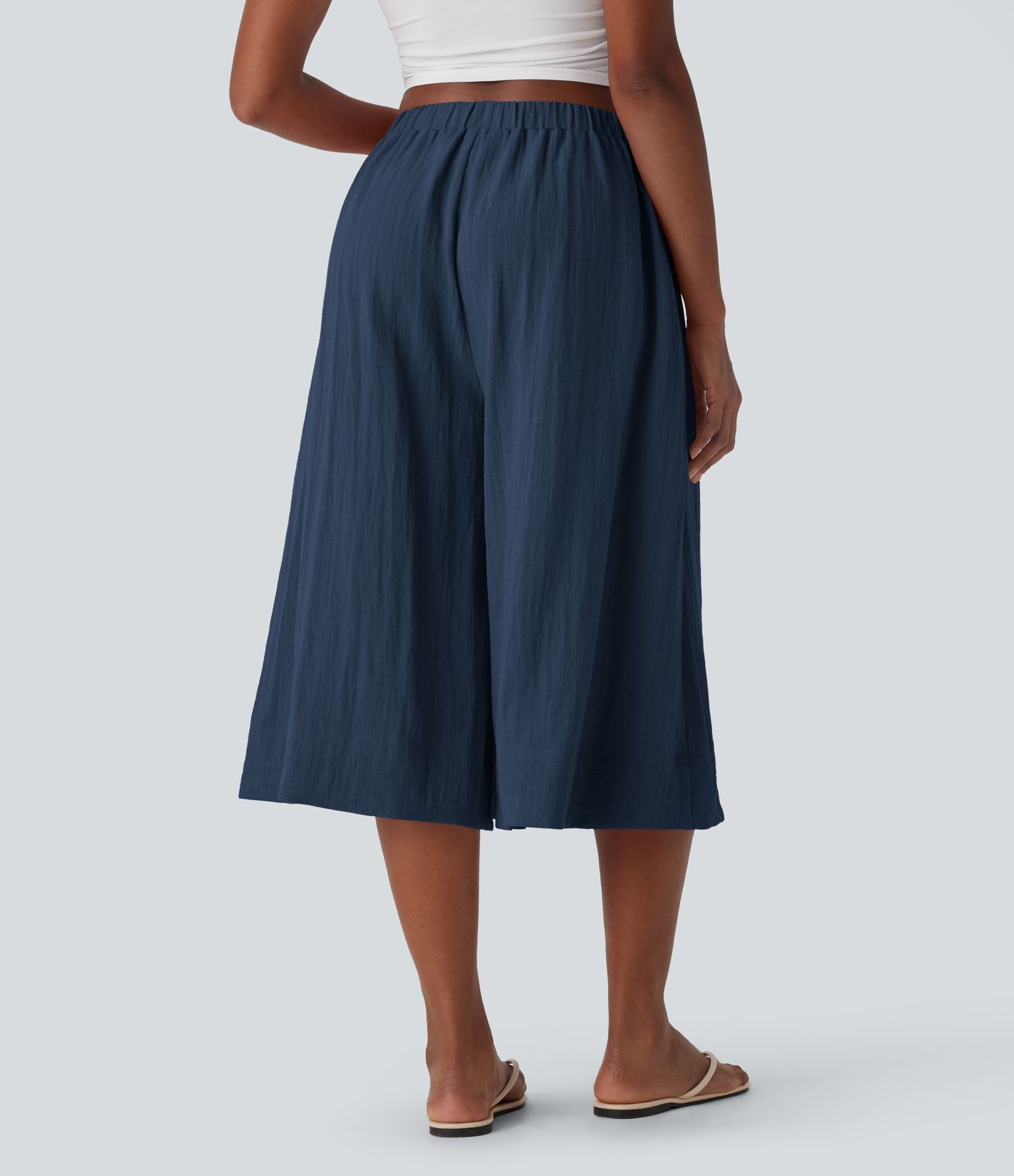 Mid Rise Women Wide Leg Baggy Flowy Linen-Feel Pants with Pocket