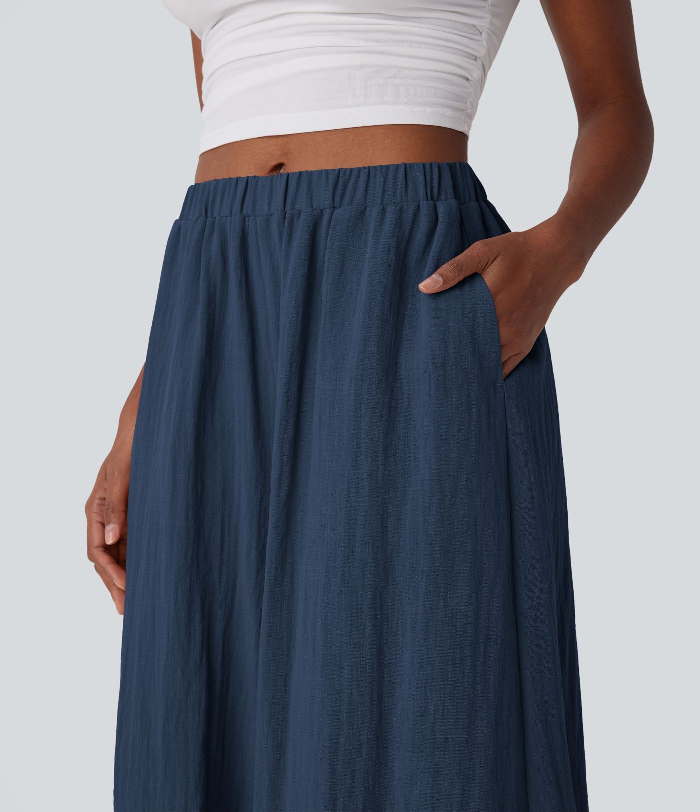 Mid Rise Women Wide Leg Baggy Flowy Linen-Feel Pants with Pocket