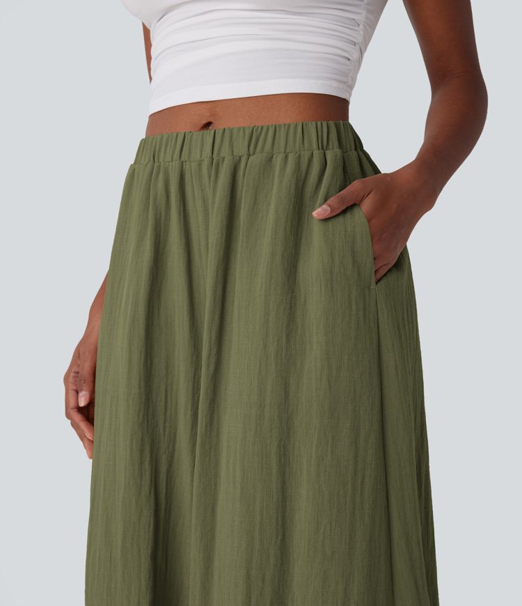 Mid Rise Wide Leg Flowy Linen-Feel Pants with Pocket