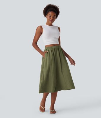 Mid Rise Wide Leg Flowy Linen-Feel Pants with Pocket