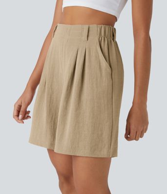 High Waisted Pocket Wide Leg Casual Linen-Feel Bermuda Shorts
