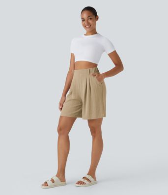 High Waisted Pocket Wide Leg Casual Linen-Feel Bermuda Shorts
