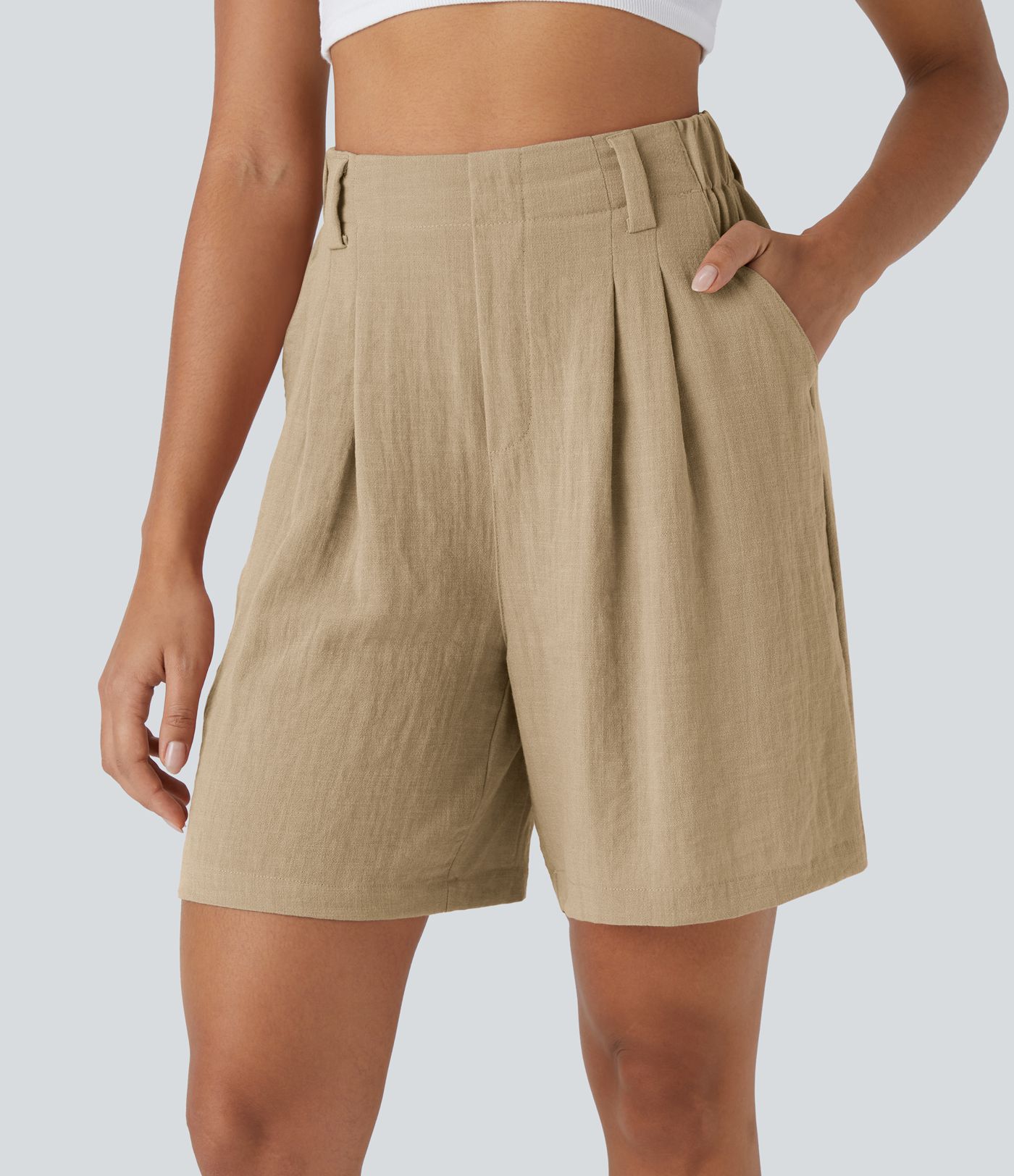 High Waisted Pocket Wide Leg Casual Linen-Feel Bermuda Shorts
