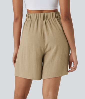 High Waisted Pocket Wide Leg Casual Linen-Feel Bermuda Shorts