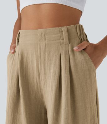 High Waisted Pocket Wide Leg Casual Linen-Feel Bermuda Shorts