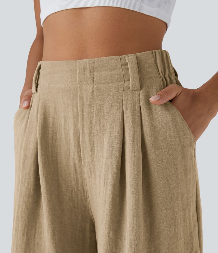 High Waisted Pocket Wide Leg Casual Linen-Feel Bermuda Shorts