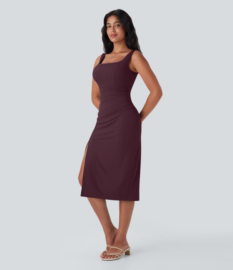 Softlyzero™ Airy Square Neck Backless Corset Ruched Split Bodycon Midi Cool Touch Bridesmaid and Wedding Guest Dress-D/DD/DDD/F Cups