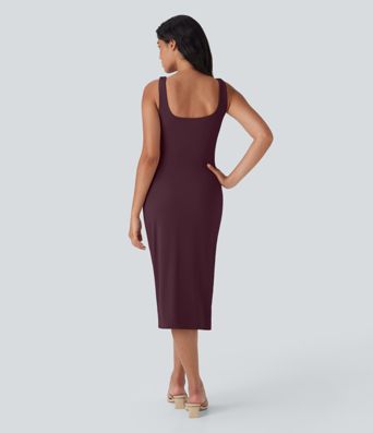 SoftlyZero™ Airy Square Neck Corset Ruched Bodycon Midi Cool Touch Dress D-F Cups