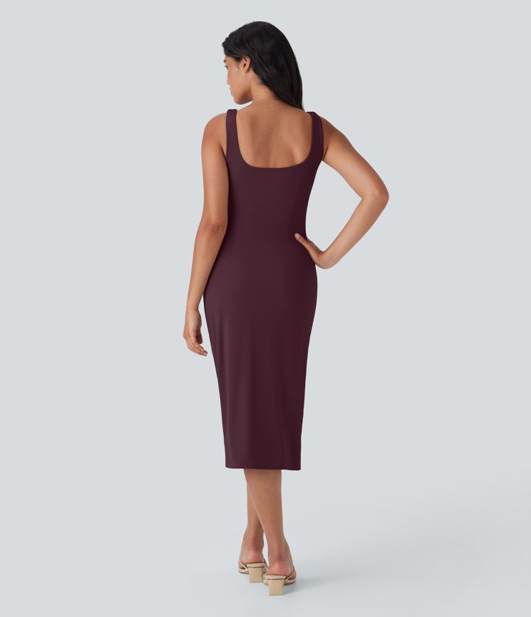 Softlyzero™ Airy Square Neck Backless Corset Ruched Split Bodycon Midi Cool Touch Bridesmaid and Wedding Guest Dress-D/DD/DDD/F Cups