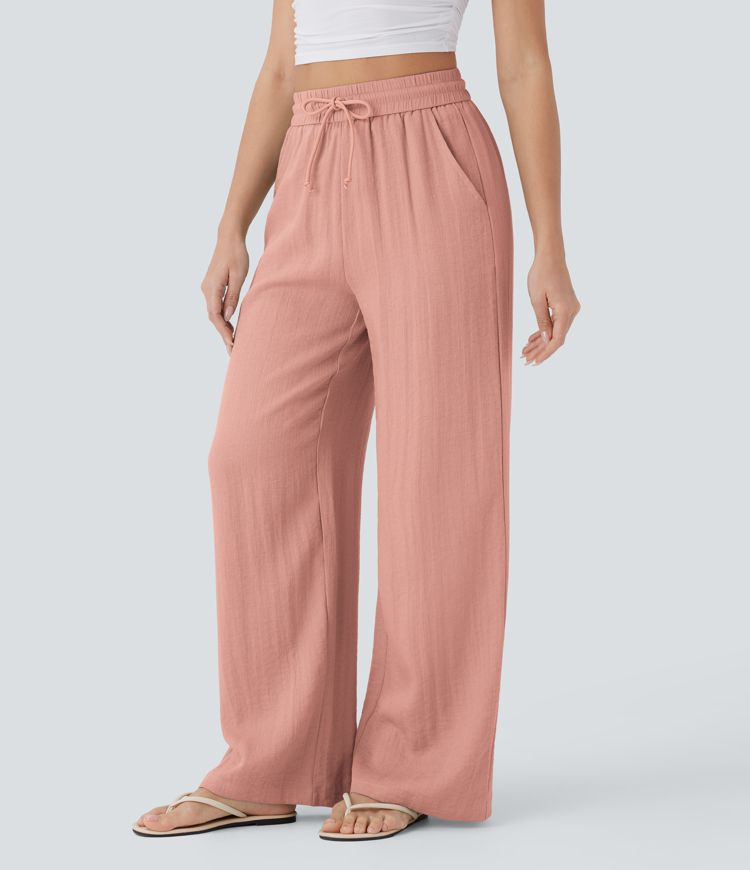 High Waisted Drawstring Side Pocket Wide Leg Casual Linen-Feel Pants