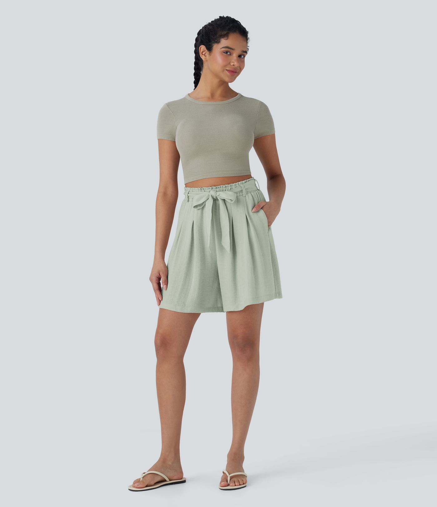 Bermuda décontracté taille haute effet lin avec ceinture et poches latérales