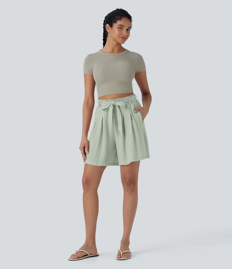 Bermuda décontracté taille haute effet lin avec ceinture et poches latérales