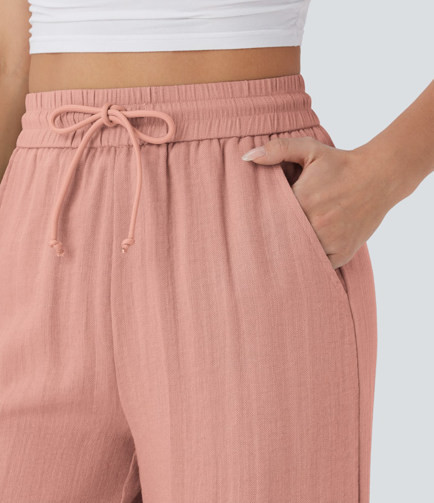 High Waisted Drawstring Pocket Wide Leg Casual Linen-Feel Pants