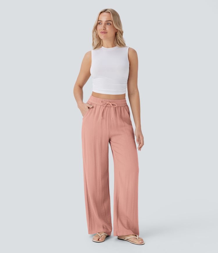 High Waisted Drawstring Side Pocket Wide Leg Casual Linen-Feel Pants