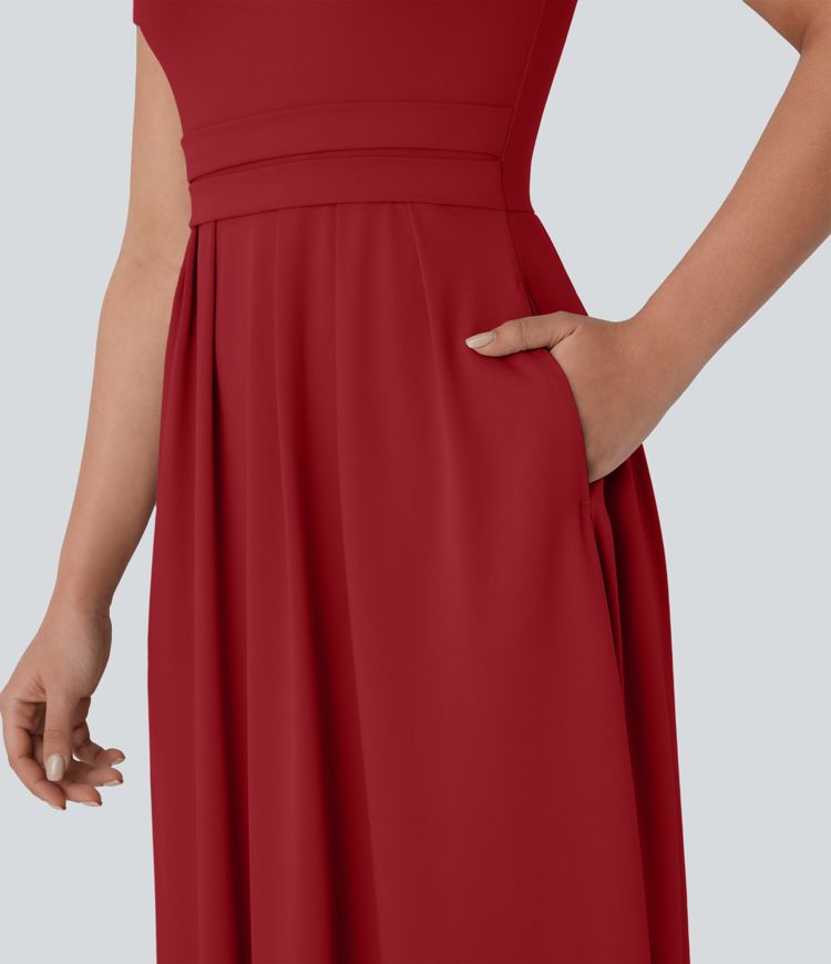 Stand Collar Short Sleeve Pocket Flare Maxi Casual Dress