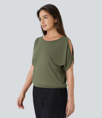 Boat Neck Short Sleeve Cut Out Casual T-Shirt