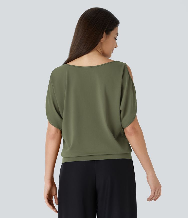 Boat Neck Short Sleeve Cut Out Casual T-Shirt