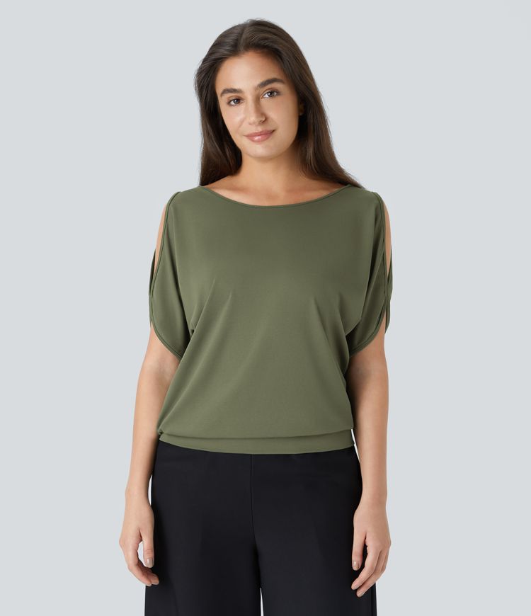 Boat Neck Short Sleeve Cut Out Casual T-Shirt