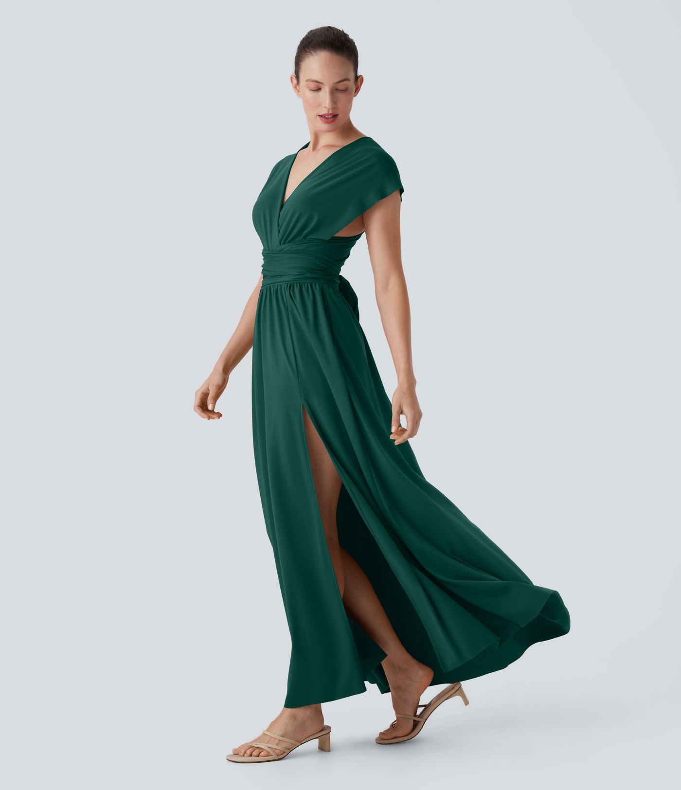 Robe longue de soirée col V, manches courtes, dos croisé à nouer, fendue avec poche latérale