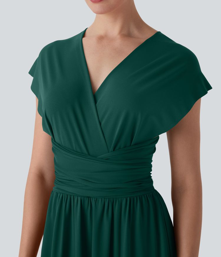 Robe longue de soirée col V, manches courtes, dos croisé à nouer, fendue avec poche latérale