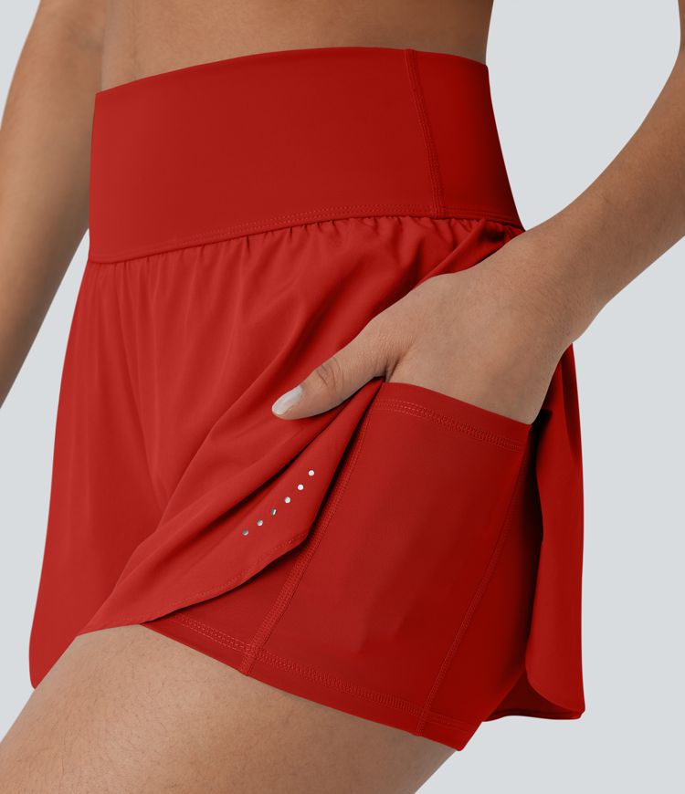 SoftlyZero™ QuickDry High Waisted Tummy Control Reflective Dots Crossover Hem 2-in-1 Running Shorts 3'' with Pockets