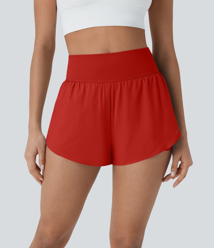 SoftlyZero™ QuickDry High Waisted Tummy Control Reflective Dots Crossover Hem 2-in-1 Running Shorts 3'' with Pockets