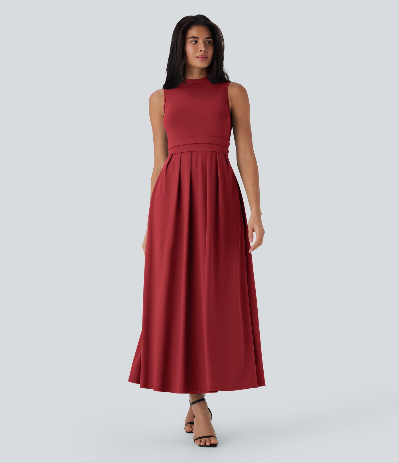 Stand Collar Sleeveless Flare Women Long Maxi Smart Casual Dress with Pockets