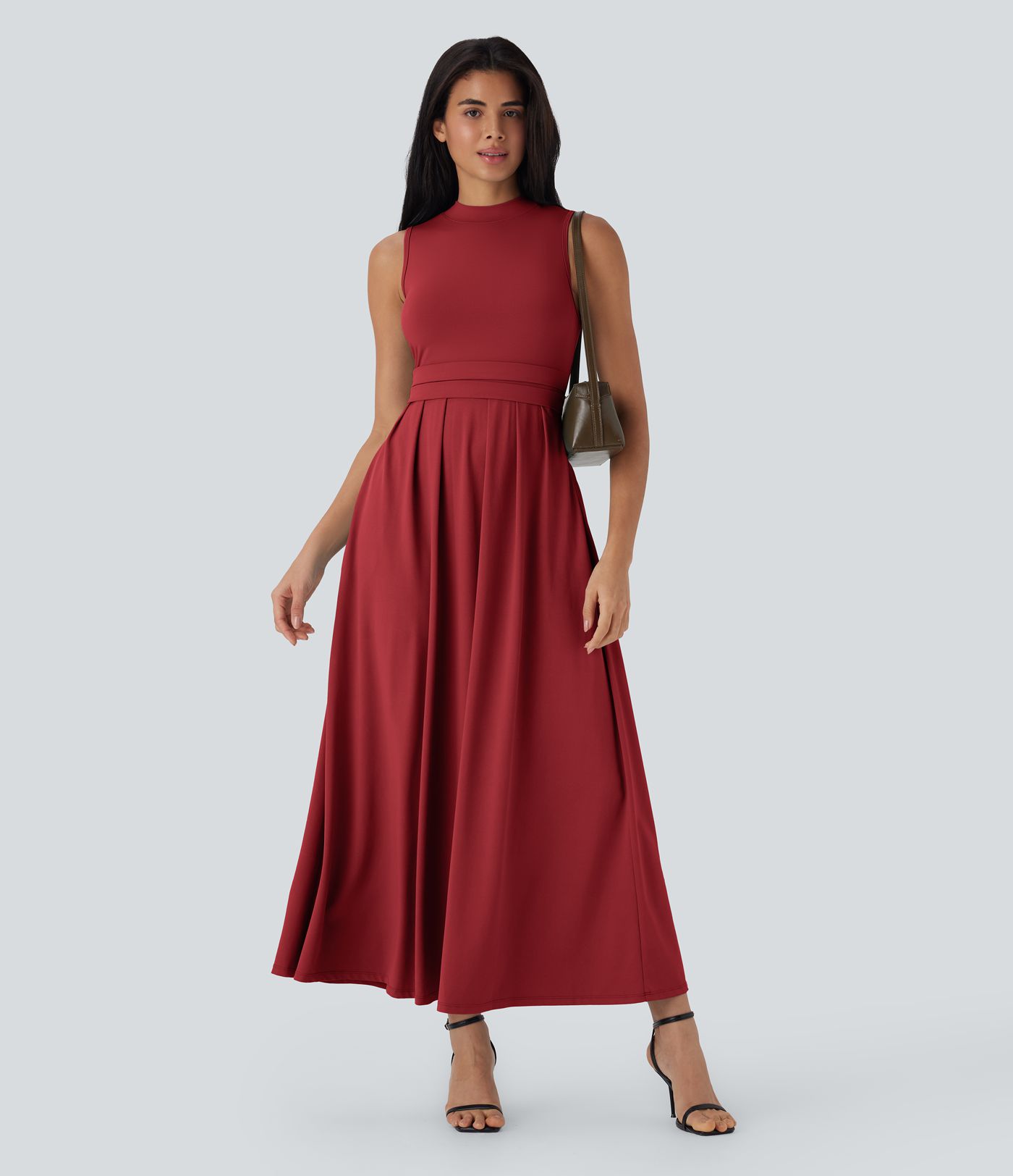 Stand Collar Sleeveless Flare Women Long Maxi Smart Casual Dress with Pockets