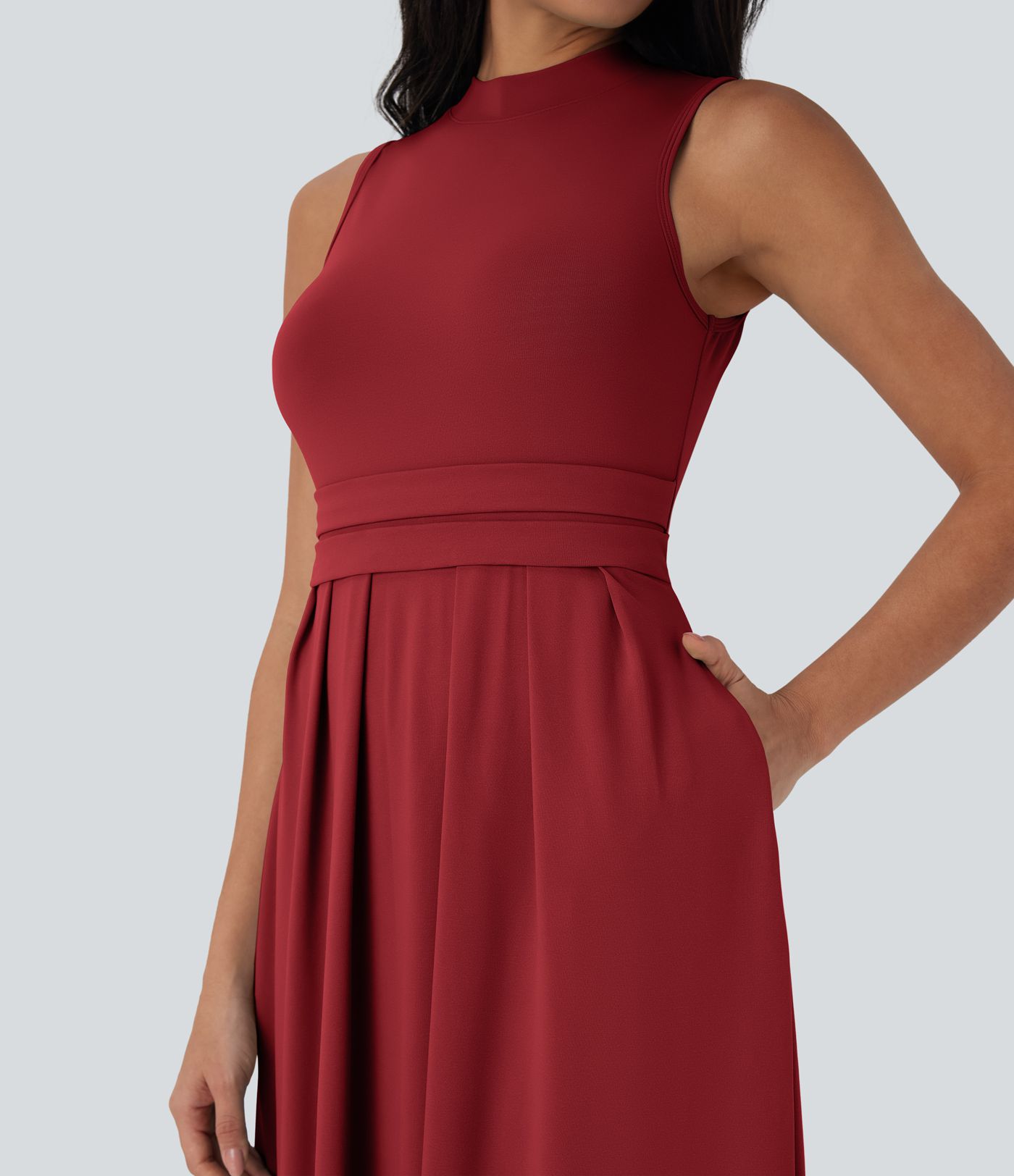 Stand Collar Sleeveless Flare Women Long Maxi Smart Casual Dress with Pockets