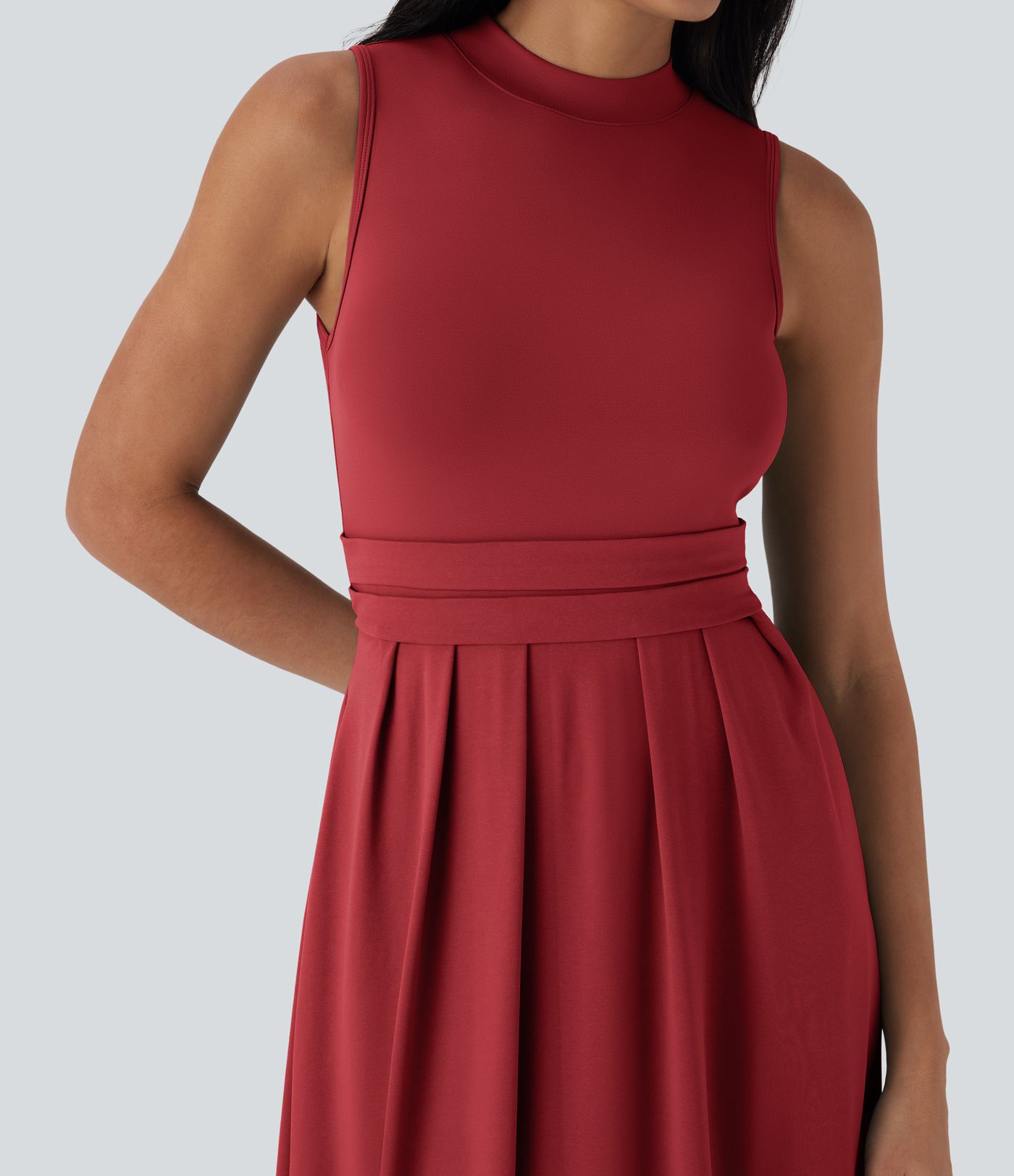 Stand Collar Sleeveless Flare Women Long Maxi Smart Casual Dress with Pockets