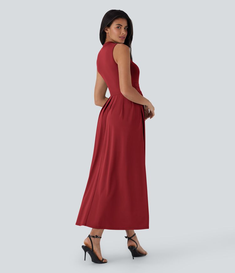Stand Collar Sleeveless Flare Maxi Casual Dress with Pockets