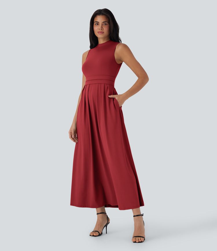 Stand Collar Sleeveless Flare Maxi Casual Dress with Pockets