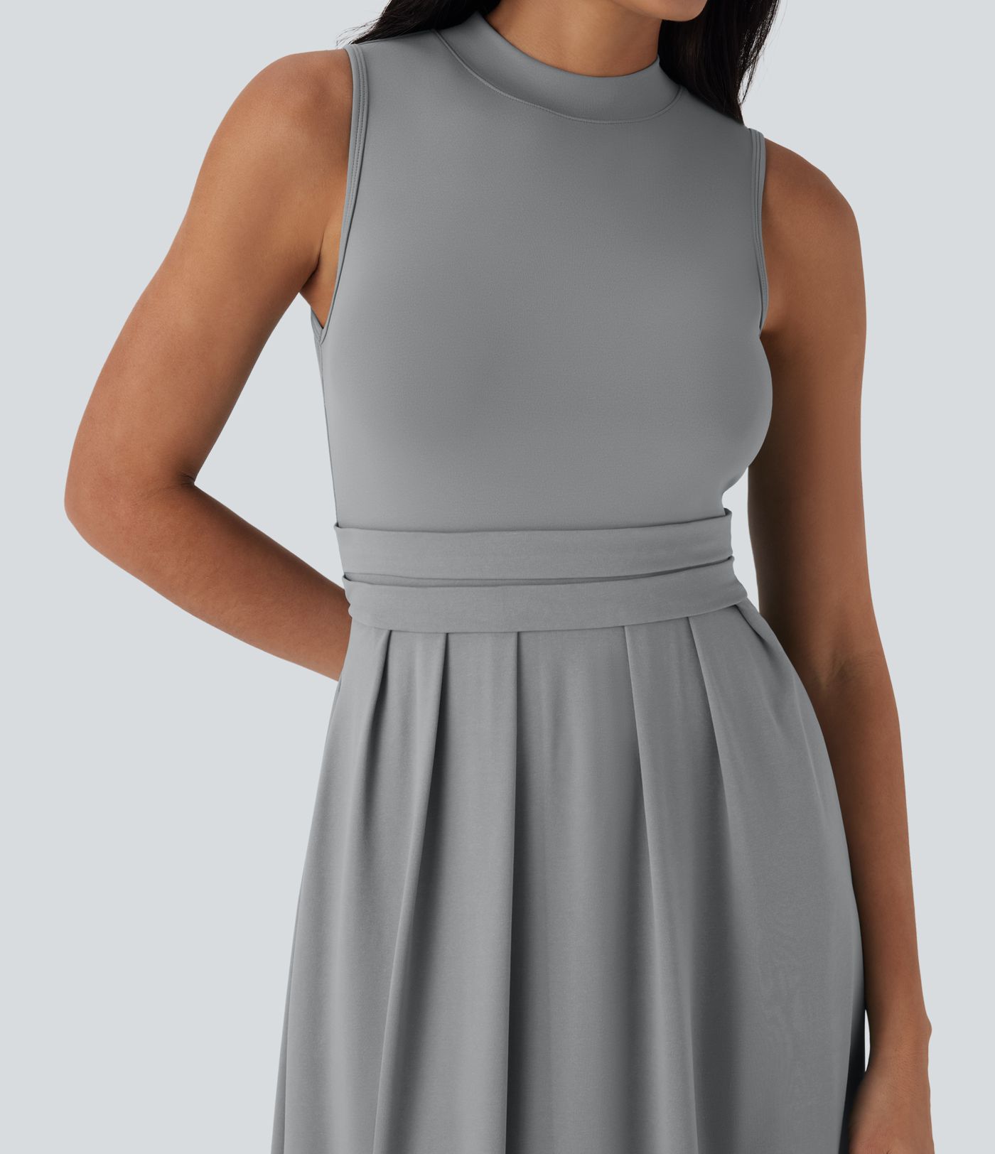 Stand Collar Sleeveless Flare Maxi Casual Dress with Pockets