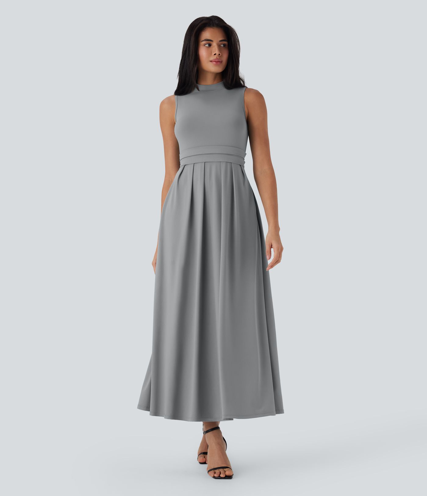 Stand Collar Sleeveless Flare Maxi Casual Dress with Pockets