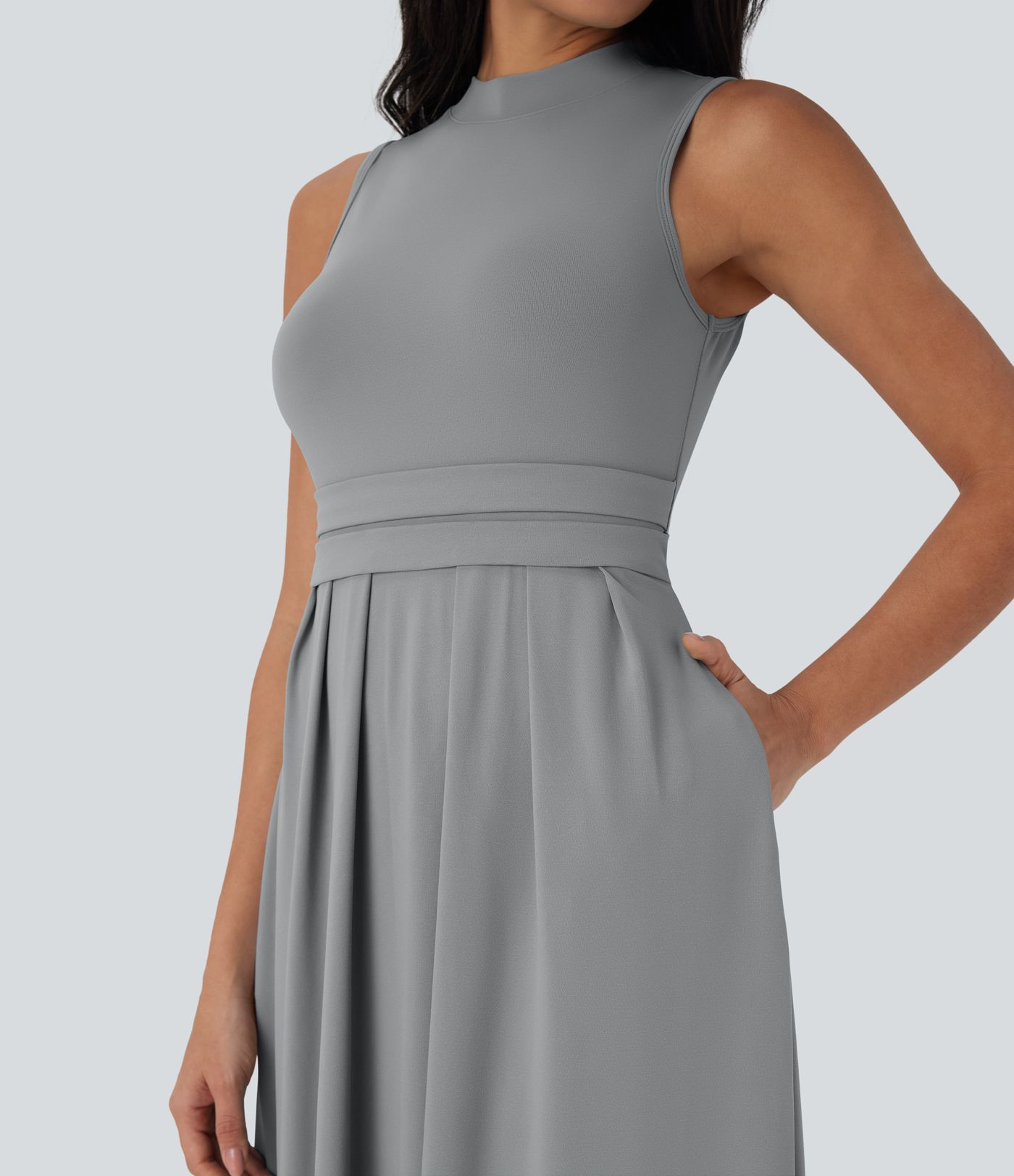 Stand Collar Sleeveless Flare Maxi Casual Dress with Pockets