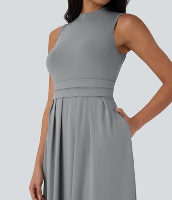 Stand Collar Sleeveless Flare Maxi Casual Dress with Pockets